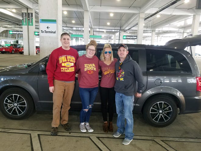 Once strangers, the Kays (Austin and Michelle) joined the Albrights (Krista and Nick) for the drive to the Alamo Bowl after their flight was canceled.