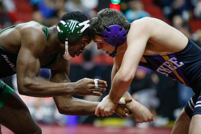 Anthony Zach of Waukee wrestles Arthur Sumie of Des Moines North during their 3A 170 lb match at the state wrestling tournament on Thursday, Feb. 14, 2019 in Des Moines.