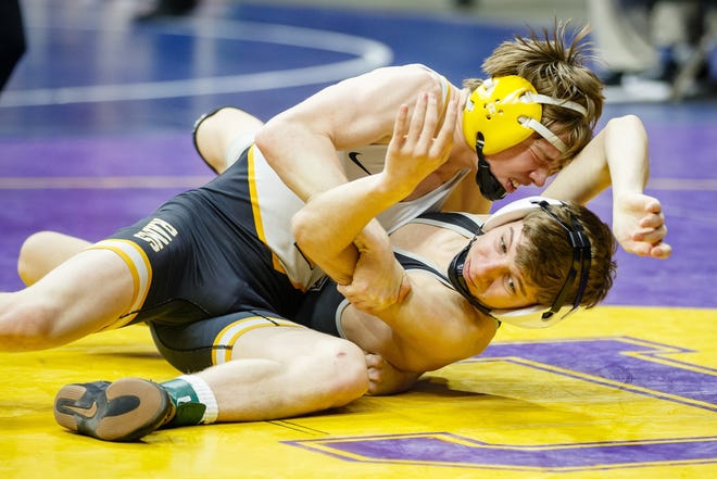 Jackson Bresson of Ankeny Centennial wrestles Devin Harmison of Southeast Polk during their 3A 113 lb match at the state wrestling tournament on Thursday, Feb. 14, 2019 in Des Moines.
