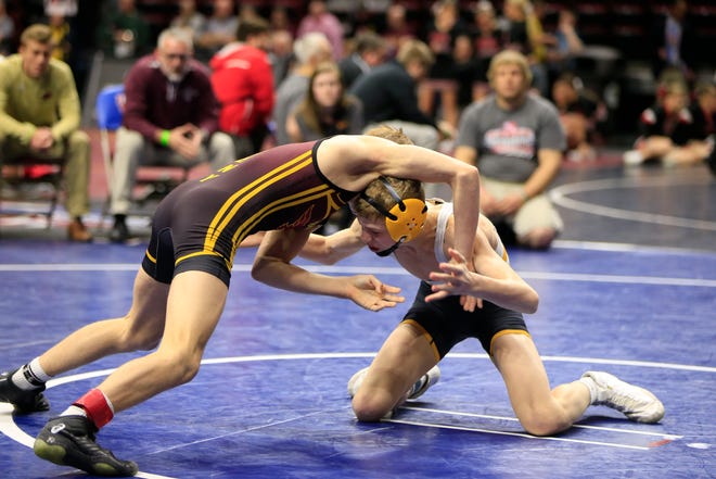 Trever Anderson of Ankeny defeats Aiden Riggins of Waverly-Shell Rock during a 106 Lb 3A semifinal match at the state wrestling tournament Friday, Feb. 15, 2019.