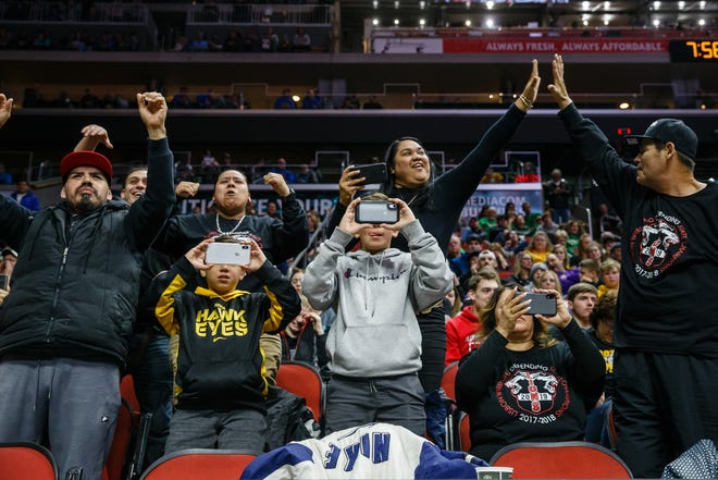 Fans cheer on their wrestlers during the class 1A 132 pound state championship semi-final match on Friday, Feb. 15, 2019 in Des Moines.