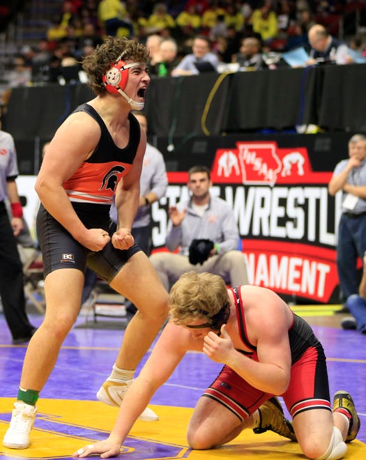 Mike Hoyle of Solon defeats Seth Adrian of Assumption during a 220 Lb 2A quarterfinal match at the state wrestling tournament Friday, Feb. 15, 2019.