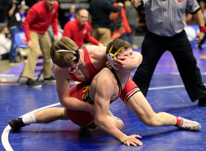 Evan Rosonke of NH/TV defeats Ethan Reed of Carlisle during a 182 Lb 2A quarterfinal match at the state wrestling tournament Friday, Feb. 15, 2019.