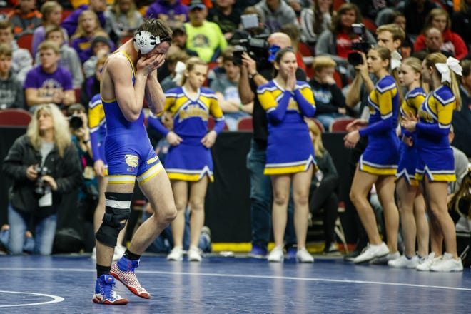 Michael Egan of MFL, MarMac reacts after loosing to Wade Mitchell of Woodbury Central during their class 1A 145 pound state championship semi-final match on Friday, Feb. 15, 2019 in Des Moines.