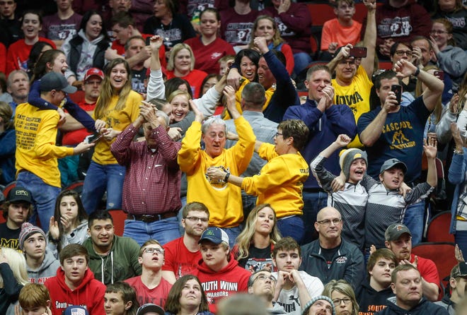 Cascade fans cheer as sophomore Aidan Noonan won a state title at 113 pounds over Woodbury Central's Beau Klingensmith during the state wrestling Class 1A championship on Saturday, Feb. 16, 2019, at Wells Fargo Arena in Des Moines.