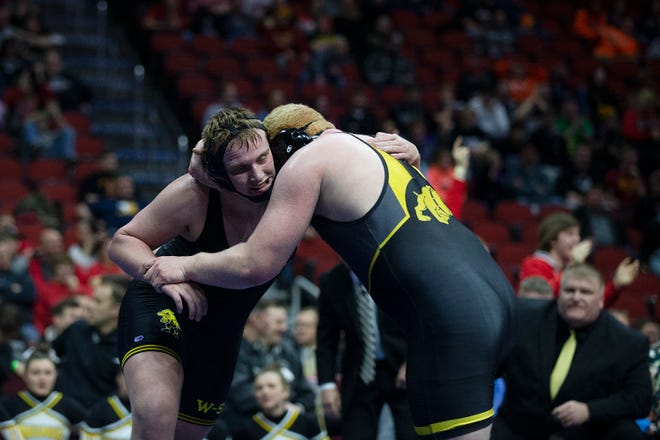 Bettendorf's Griffin Liddle wrestles Waverly-Shell Rock's Andrew Snyder during the 285 pound class 3A championship match during the Iowa high school state wrestling tournament on Saturday, Feb. 16, 2019, in Wells Fargo Arena.