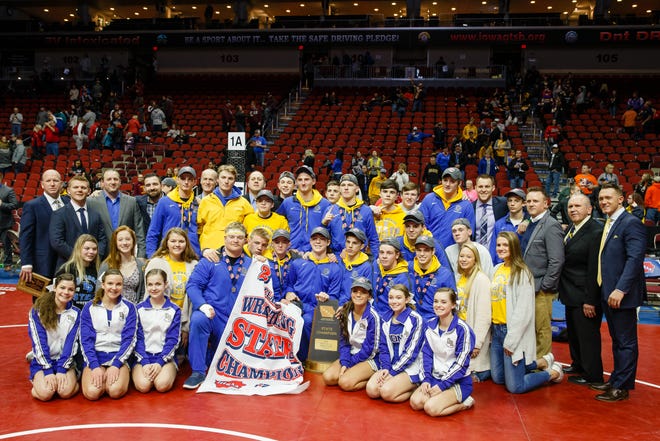Don Bosco poses for a photo after winning the 1A traditional team championship at the Iowa state wrestling championships on Saturday, Feb. 16, 2019 in Des Moines.