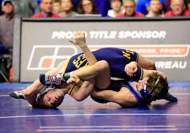 Carter Fousek of Crestwood, Cresco beats Blaine Frazier of Notre Dame, Burlington for the 2A state championship at 106 Saturday, Feb. 16, 2019.
