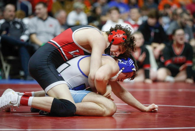 Lisbon senior Cobe Siebrecht controls Underwood freshman Nick Hamilton en route to a Class 1A state championship win at 138 pounds on Saturday, Feb. 16, 2019, at Wells Fargo Arena in Des Moines.