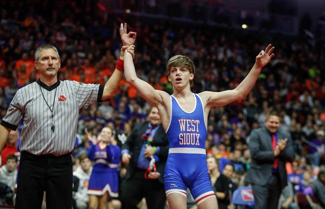 West Sioux junior Adam Allard won a Class 1A state title at 120 pounds over Don Bosco senior Daniel Kimball on Saturday, Feb. 16, 2019, at Wells Fargo Arena in Des Moines.