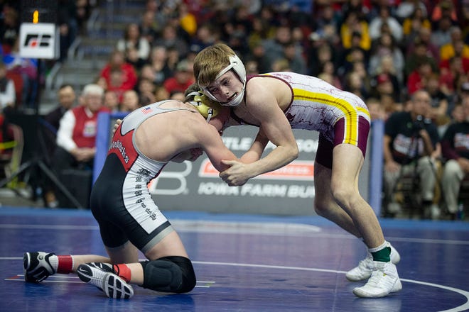 Mason City's Jace Rhodes wrestles Ankeny's Trever Anderson during the 106 pound class 3A championship match during the Iowa high school state wrestling tournament on Saturday, Feb. 16, 2019, in Wells Fargo Arena.