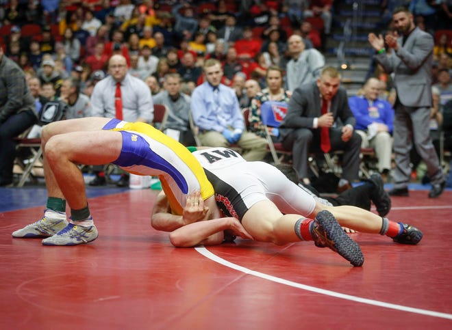 Akron-Westfield senior John Henrich pins Don Bosco freshman Carson Tenold for a Class 1A state title at 160 pounds on Saturday, Feb. 16, 2019, at Wells Fargo Arena in Des Moines.