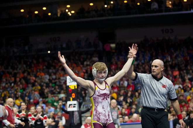 Ankeny's Trever Anderson wins the 106 pound Class 3A championship match against Mason City's Jace Rhodes during the Iowa high school state wrestling tournament on Saturday, Feb. 16, 2019 in Wells Fargo Arena.