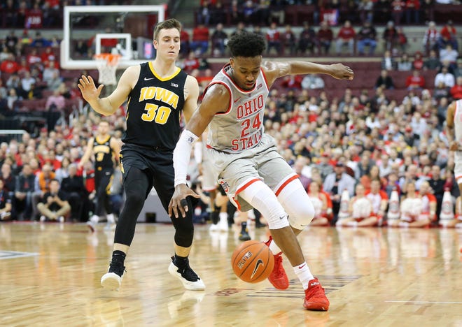 Feb 26, 2019; Columbus, OH, USA; Ohio State Buckeyes forward Andre Wesson (24) looses the ball during the second half against the Iowa Hawkeyes at Value City Arena.