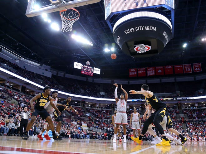 Feb 26, 2019; Columbus, OH, USA; Ohio State Buckeyes forward Kaleb Wesson (34) shoots a free throw during the first half against the Iowa Hawkeyes at Value City Arena.