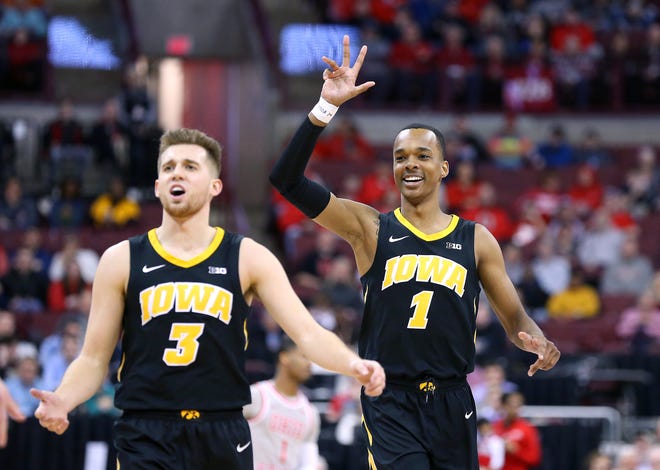 Feb 26, 2019; Columbus, OH, USA; Iowa Hawkeyes guard Maishe Dailey (1) celebrates after a three point basket during the first half against the Ohio State Buckeyes at Value City Arena.