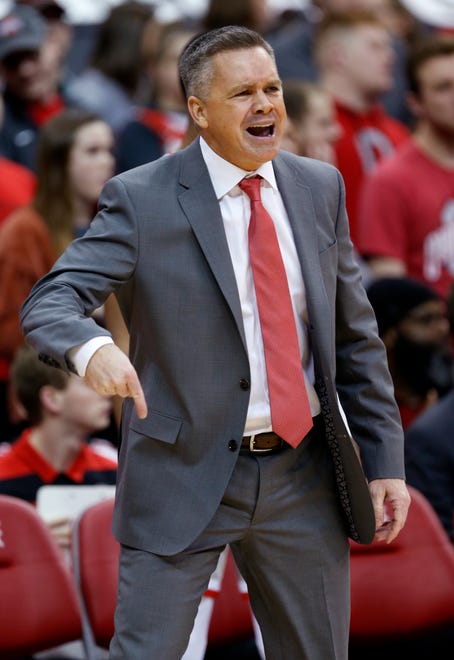 Ohio State coach Chris Holtmann reacts to a call during the first half of the team's NCAA college basketball game against Iowa in Columbus, Ohio, Tuesday, Feb. 26, 2019. Ohio State won 90-70.