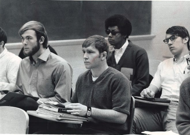 From 1970: Iowa State University student-athlete Dan Gable in the classroom. Gable was majoring in both physical education and biology.