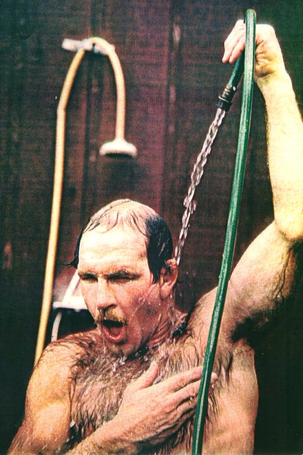 From 1983: Dan Gable cools off in his sauna after a run near his Lansing, Iowa home.