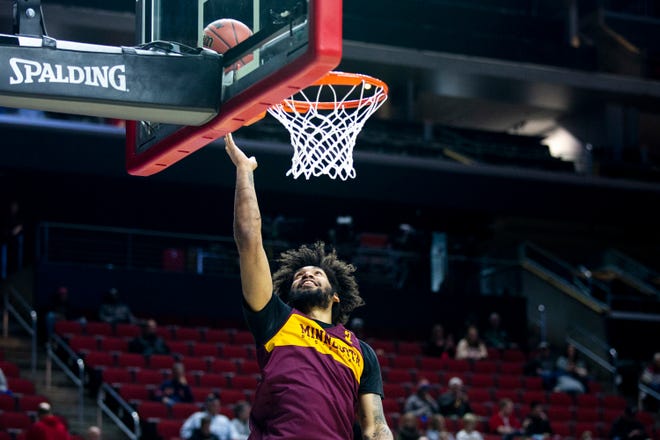 Minnesota's Jordan Murphy shoots the ball during Minnesota's open practice before the first round of the NCAA Men's Basketball Tournament on Wednesday, March 20, 2019, at Wells Fargo Arena in Des Moines, Iowa. Minnesota will face Louisville in the first round on Thursday.
