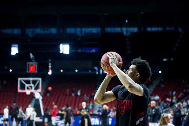 Louisville's Jordan Nwora shoots the ball during Louisville's open practice before the first round of the NCAA Men's Basketball Tournament on Wednesday, March 20, 2019, at Wells Fargo Arena in Des Moines, Iowa.
