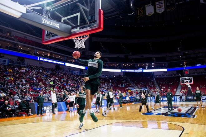 Michigan State's Kenny Goins shoots the ball during Michigan State's open practice before the first round of the NCAA Men's Basketball Tournament on Wednesday, March 20, 2019, at Wells Fargo Arena in Des Moines, Iowa.
