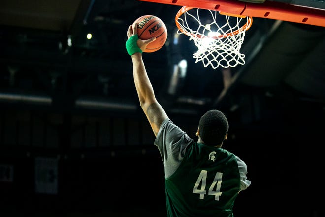 Michigan State's Nick Ward shoots the ball during Michigan State's open practice before the first round of the NCAA Men's Basketball Tournament on Wednesday, March 20, 2019, at Wells Fargo Arena in Des Moines, Iowa.