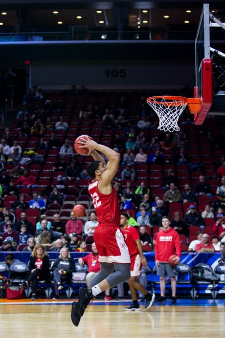 Bradley's Ja'Shon Henry shoots the ball during Bradley's open practice before the first round of the NCAA Men's Basketball Tournament on Wednesday, March 20, 2019, at Wells Fargo Arena in Des Moines, Iowa.