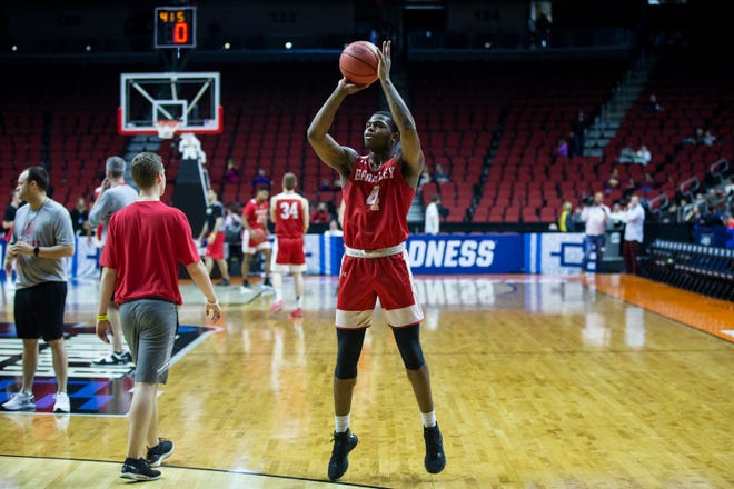 Bradley's Armon Brummett shoots the ball during Bradley's open practice before the first round of the NCAA Men's Basketball Tournament on Wednesday, March 20, 2019, at Wells Fargo Arena in Des Moines, Iowa.