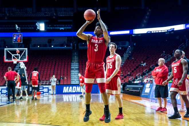 Bradley's Antoine Pittman  shoots the ball during Bradley's open practice before the first round of the NCAA Men's Basketball Tournament on Wednesday, March 20, 2019, at Wells Fargo Arena in Des Moines, Iowa.