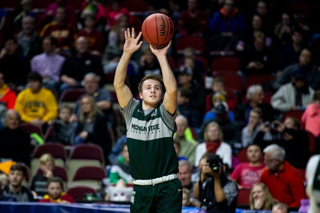 Michigan State's Jack Hoiberg shoots the ball during Michigan State's open practice before the first round of the NCAA Men's Basketball Tournament on Wednesday, March 20, 2019, at Wells Fargo Arena in Des Moines, Iowa.