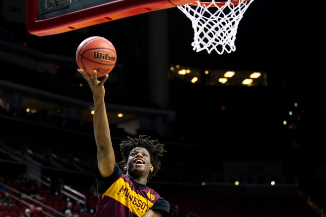 Minnesota's Daniel Oturu shoots the ball during Minnesota's open practice before the first round of the NCAA Men's Basketball Tournament on Wednesday, March 20, 2019, at Wells Fargo Arena in Des Moines, Iowa. Minnesota will face Louisville in the first round on Thursday.