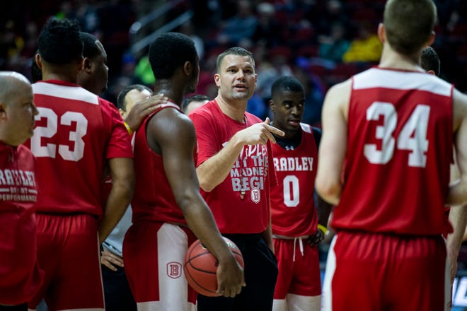 Bradley Head Coach Brian Wardle talks to his team during Bradley's open practice before the first round of the NCAA Men's Basketball Tournament on Wednesday, March 20, 2019, at Wells Fargo Arena in Des Moines, Iowa.