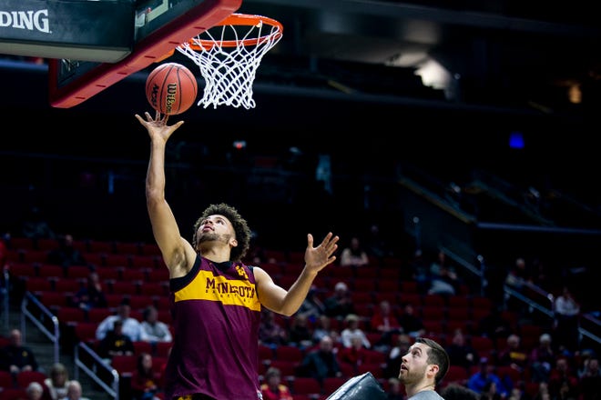 Minnesota's Gabe Kalscheur shoots a lay-up during Minnesota's open practice before the first round of the NCAA Men's Basketball Tournament on Wednesday, March 20, 2019, at Wells Fargo Arena in Des Moines, Iowa. Minnesota will face Louisville in the first round on Thursday.