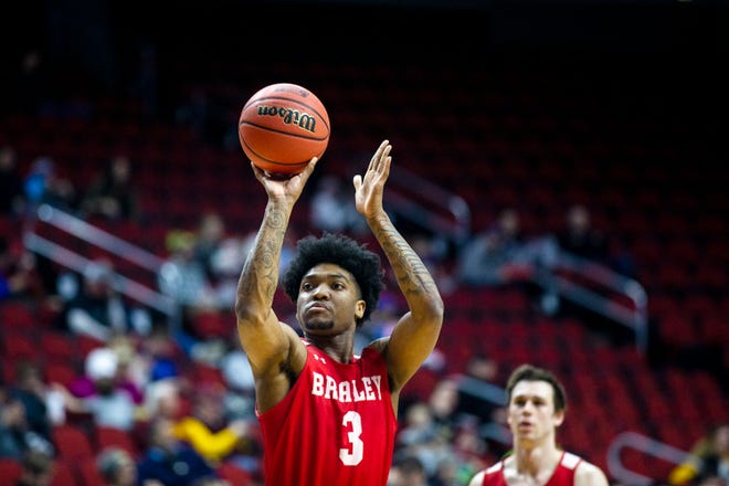 Bradley's Antoine Pittman shoots the ball during Bradley's open practice before the first round of the NCAA Men's Basketball Tournament on Wednesday, March 20, 2019, at Wells Fargo Arena in Des Moines, Iowa.