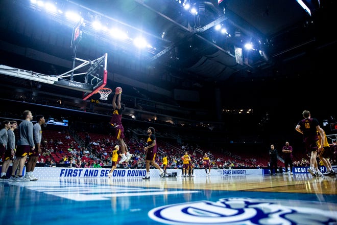 Plays run through shooting drills during Minnesota's open practice before the first round of the NCAA Men's Basketball Tournament on Wednesday, March 20, 2019, at Wells Fargo Arena in Des Moines, Iowa. Minnesota will face Louisville in the first round on Thursday.