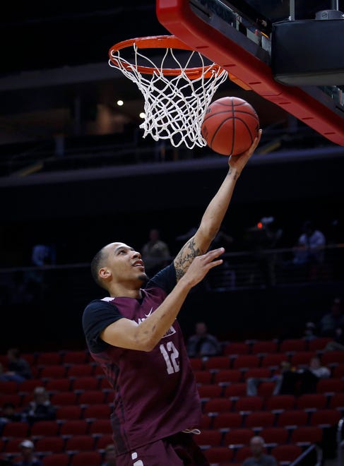 Montana junior Kendal Manuel runs the ball to the hoop during open practice on Wednesday, March 20, 2019, at Wells Fargo Arena in Des Moines, Iowa.