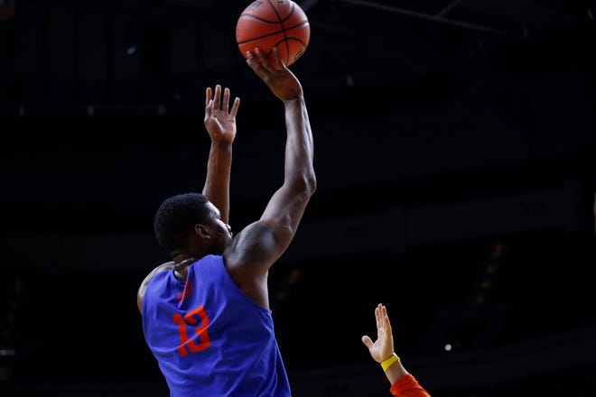 Florida senior Kevarrius Hayes shoots the ball during open practice on Wednesday, March 20, 2019, at Wells Fargo Arena in Des Moines, Iowa.