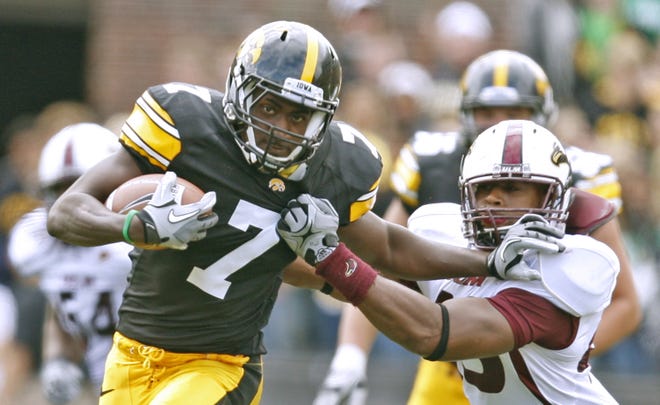 Marvin McNutt (2008-2011) arrived at Iowa as a quarterback, but spent his final three seasons building one of the most-successful receiving careers the program has ever seen.

McNutt, pictured in a Sept. 24, 2011 game against Louisiana-Monroe, finished as Iowa's all-time leader in receiving touchdowns with 28. He  caught 170 passes for 2,861 yards as a Hawkeye.