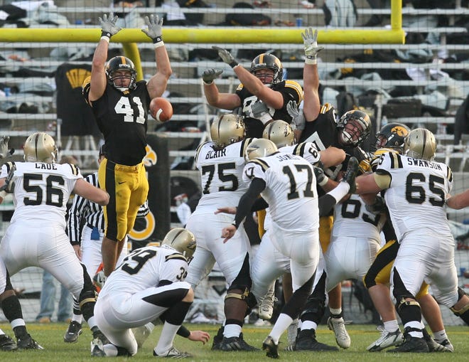 Iowa's Bryon Gattas  blocks a Western Michigan field goal attempt in the second quarter of a game played Nov. 17, 2007 at Kinnick Stadium.