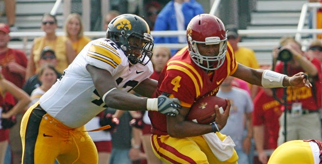 Iowa's  Jeremiha Hunter takes down Iowa State quarterback Austen Arnaud during the Sept. 12, 2009 Cy-Hawk game at Jack Trice Stadium in Ames.