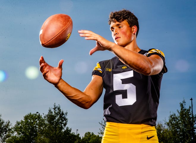 Wide receiver Oliver Martin stands for a photo during Hawkeye football media day Friday, Aug. 9, 2019.