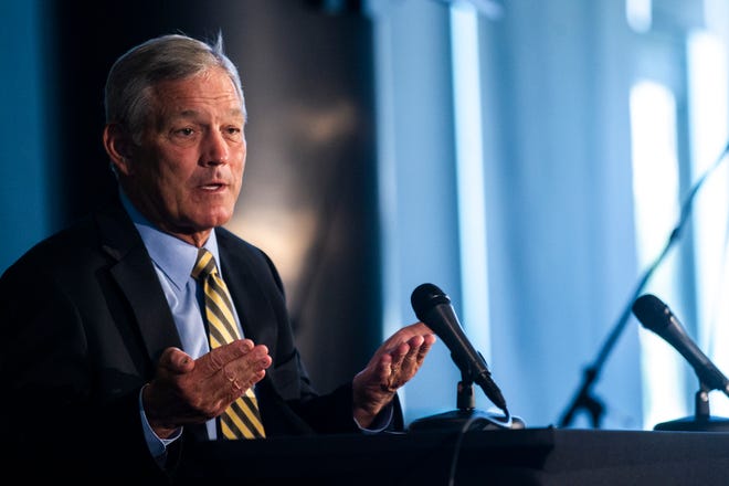 Iowa head coach Kirk Ferentz talks with reporters during Hawkeyes football media day, Friday, Aug. 9, 2019, at the Feller Club Room in Carver-Hawkeye Arena in Iowa City, Iowa.
