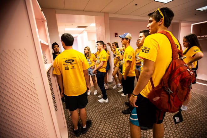 The pink guest locker room is pictured while University of Iowa freshman students from the class of 2023 get a behind the scenes tour, Friday, Aug. 23, 2019, at Kinnick Stadium in Iowa City, Iowa.