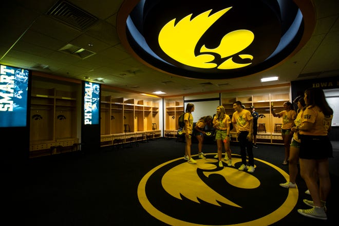 University of Iowa freshman students from the class of 2023 get a behind the scenes tour inside the Hawkeyes locker room, Friday, Aug. 23, 2019, at Kinnick Stadium in Iowa City, Iowa.