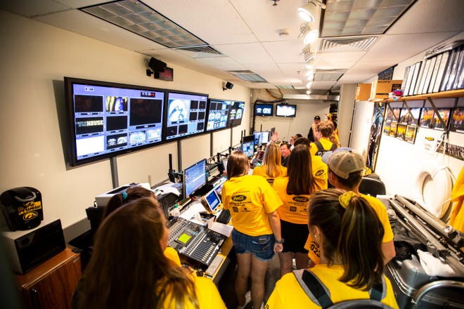 Members of HawkVision show off their control room while University of Iowa freshman students from the class of 2023 get a behind the scenes tour, Friday, Aug. 23, 2019, at Kinnick Stadium in Iowa City, Iowa.