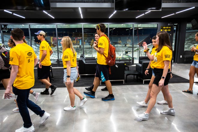 University of Iowa freshman students from the class of 2023 get a behind the scenes tour inside the north end zone, Friday, Aug. 23, 2019, at Kinnick Stadium in Iowa City, Iowa.