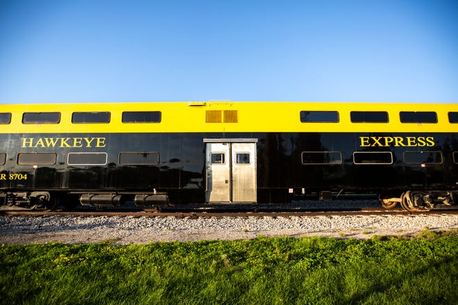 The Hawkeye Express sits on the railroad tracks leading towards Kinnick Stadium prior to the first home football game of the season, Wednesday, Aug. 28, 2019, in Coralville, Iowa.