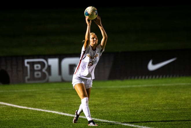 Iowa State defender McKenna Schultz (15) throws a ball in as time ticks down during a NCAA women's soccer Cy-Hawk series game, Thursday, Aug. 29, 2019, at the University of Iowa Soccer Complex in Iowa City, Iowa.