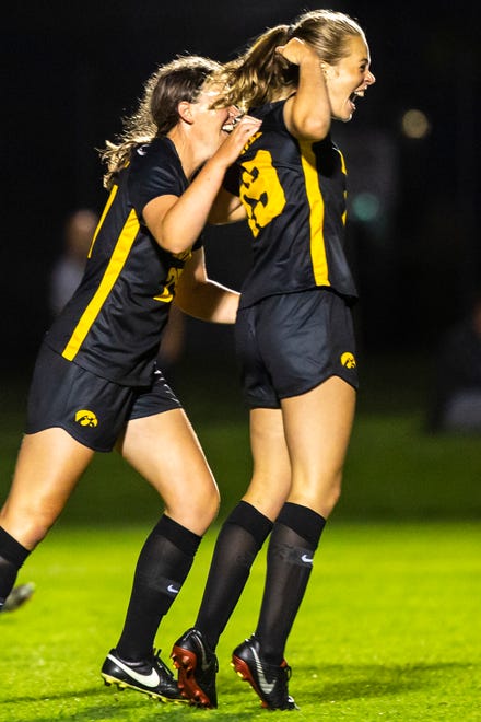 Iowa forward Jenny Cape (19) flexes after scoring a goal during a NCAA women's soccer Cy-Hawk series game, Thursday, Aug. 29, 2019, at the University of Iowa Soccer Complex in Iowa City, Iowa.